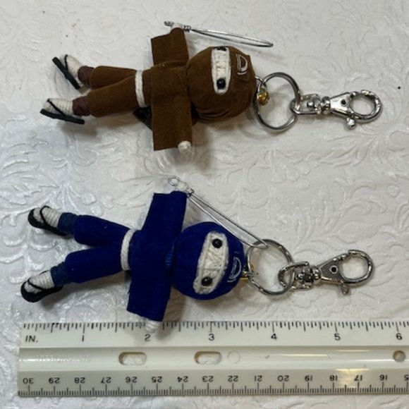 TWO Ninja String Doll Keychain Toys w/Swords Royal Blue/Brown 2.5" x 3" NEW - Picture 8 of 8